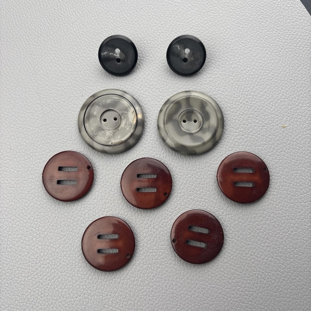 Vintage Casein &‎ Bakelite Buttons Lot | Marbled Gray, Brown Slot, Black Shank